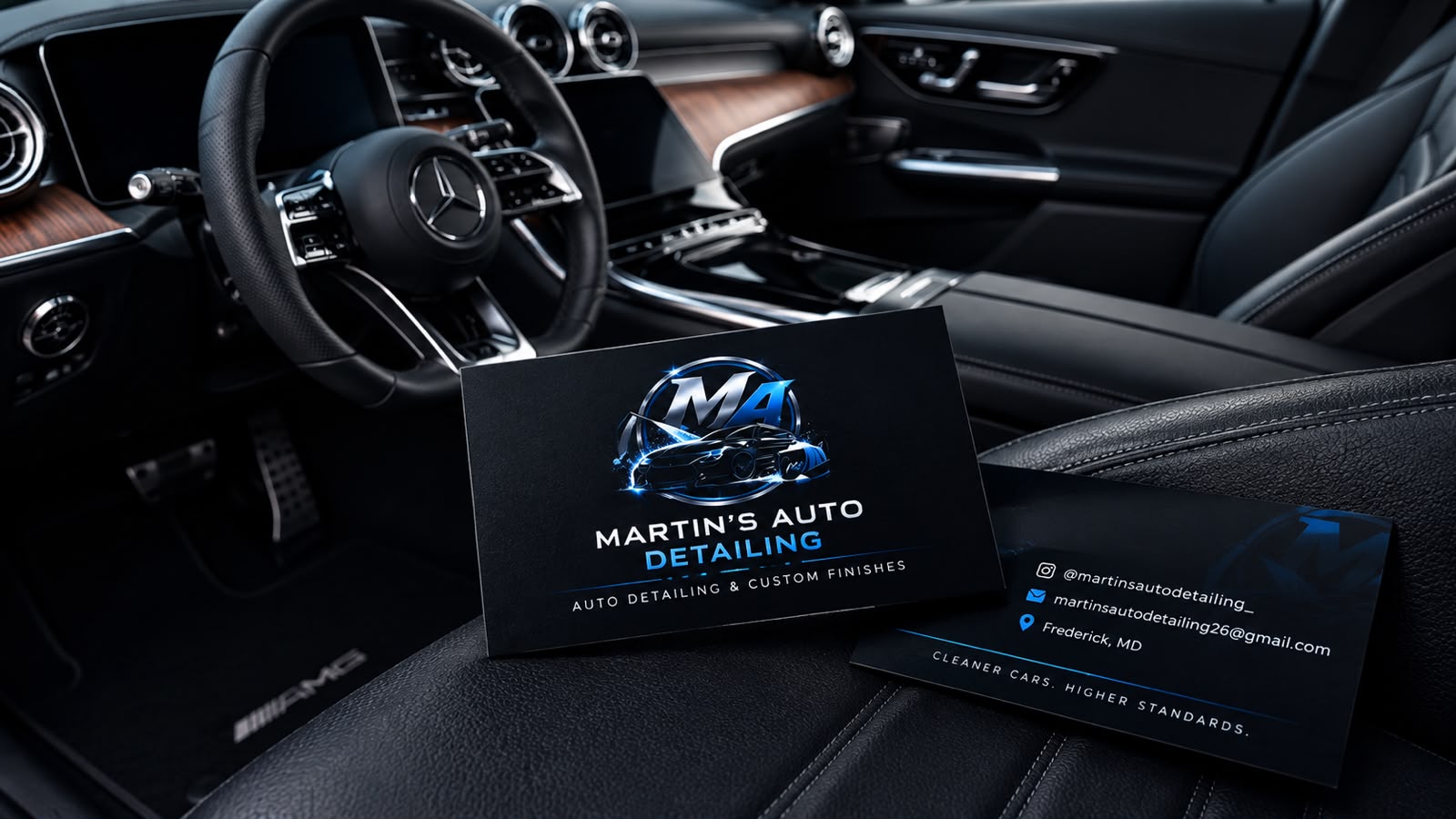 Martin's Auto Detailing business cards inside a detailed Mercedes-Benz